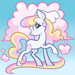 Size: 5000x5000 | Tagged: safe, derpibooru import, earth pony, pony, g2, g4, cloud, cloudy, dainty dove (g2), g2 to g4, generation leap, gradient background, multicolored hair, multicolored mane, multicolored tail, rainbow, show accurate, solo, tail