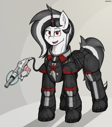 Size: 2640x3000 | Tagged: safe, artist:marusya, derpibooru import, oc, oc:schworz, pony, unicorn, fallout equestria, armor, hammer and sickle, horn, levitation, magic, power armor, red star, shadow, simple background, solo, telekinesis, weapon