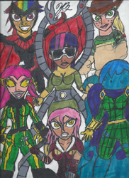 Size: 1024x1409 | Tagged: safe, artist:thegreatburg, derpibooru import, applejack, fluttershy, pinkie pie, rainbow dash, rarity, twilight sparkle, bird, human, doctor octopus, electro, humanized, kraven the hunter, mane six, marvel, mysterio, sandman, sinister six, traditional art, vulture