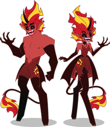 Size: 3470x4000 | Tagged: safe, artist:orin331, derpibooru import, sunset glare, sunset satan, sunset shimmer, demon, hybrid, satyr, equestria girls, black sclera, claws, clothes, duo, fangs, female, gloves, hooves, horn, long gloves, looking at you, male, nudity, partial nudity, rule 63, self paradox, simple background, slasher smile, smiling, smiling at you, socks, tail, thigh highs, topless, transparent background, wings
