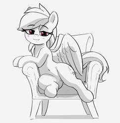 Size: 1464x1506 | Tagged: safe, artist:pabbley, derpibooru import, rainbow dash, pegasus, pony, bedroom eyes, belly button, chair, cute, dashabetes, eyebrows, eyebrows visible through hair, female, grayscale, looking at you, mare, monochrome, partial color, simple background, sitting, smiling, smiling at you, solo, white background