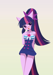 Size: 1000x1407 | Tagged: safe, artist:howxu, derpibooru import, part of a set, sci-twi, twilight sparkle, anthro, plantigrade anthro, equestria girls, alternate hairstyle, bare shoulders, blushing, breasts, clothes, eyebrows, eyebrows visible through hair, female, gradient background, looking at you, one-piece swimsuit, open mouth, ponytail, sci-twi swimsuit, seduction, simple background, sleeveless, solo, swimsuit