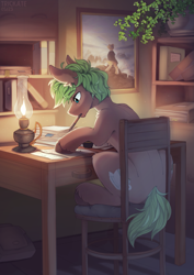 Size: 2119x3000 | Tagged: safe, artist:trickate, derpibooru import, oc, oc only, oc:matcha brewstar, earth pony, pony, bag, book, bookshelf, chair, commission, desk, earth pony oc, fine art parody, indoors, male, mouth hold, night, oil lamp, pen, sitting, solo, stallion, table, unshorn fetlocks, wanderer above the sea of fog, writing