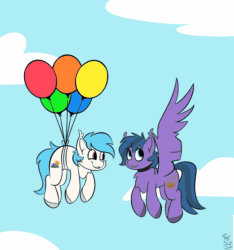 Size: 1500x1600 | Tagged: safe, artist:starcasteclipse, derpibooru import, oc, oc only, oc:feather freight, oc:jimm, earth pony, pegasus, pony, animated, balloon, commission, duo, earth pony oc, floating, flying, gif, missing wing, pegasus oc, ych result