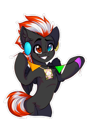 Size: 821x1161 | Tagged: safe, artist:falafeljake, derpibooru import, oc, oc only, pegasus, pony, belly, bipedal, bronucon, bronucon 2023, bronukon, chest fluff, ear fluff, ears, headphones, heterochromia, hoof hold, leg fluff, partially open wings, ribcage, simple background, smiling, solo, transparent background, wings