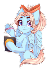 Size: 633x897 | Tagged: safe, artist:falafeljake, derpibooru import, oc, oc only, pegasus, pony, belly, bronucon, bronucon 2023, bronukon, female, mare, partially open wings, pen, simple background, tablet, transparent background, wings