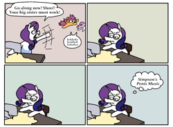 Size: 3029x2230 | Tagged: safe, artist:punkittdev, derpibooru import, rarity, scootaloo, sweetie belle, pegasus, pony, unicorn, annoyed, comic, dialogue, female, glasses, high res, mare, sewing machine, singing, speech bubble, thought bubble, trio, vulgar