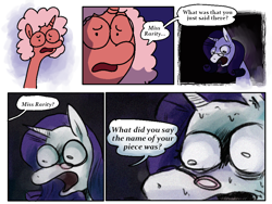 Size: 2900x2180 | Tagged: safe, artist:punkittdev, derpibooru import, rarity, oc, oc:soy milk, pony, unicorn, close-up, comic, dialogue, duo, female, glasses, happy, horrified, mare, nervous sweat, speech bubble, sweat