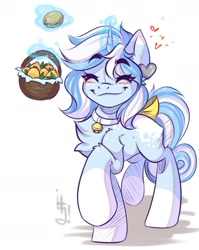 Size: 1200x1511 | Tagged: safe, artist:falafeljake, derpibooru import, oc, unicorn, basket, female, food, happy, lemon, simple background, solo, white background