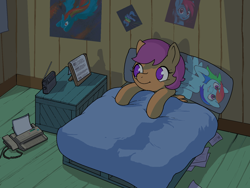 Size: 1600x1200 | Tagged: safe, artist:darkdoomer, derpibooru import, rainbow dash, scootaloo, pegasus, pony, bed, bedsheets, body pillow, box, clubhouse, dakimakura cover, fax machine, female, filly, foal, imageboard, looking at something, meme, night, pallet, picture frame, poster, radio, sleep tight, solo, thread