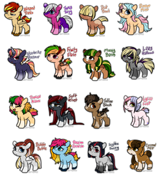 Size: 4000x4400 | Tagged: safe, artist:sexygoatgod, derpibooru import, oc, oc only, bat pony, earth pony, pegasus, pony, unicorn, adoptable, chibi, female, group, male, simple background, transparent background