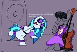 Size: 1348x912 | Tagged: safe, artist:riptyde164, derpibooru import, dj pon-3, octavia melody, vinyl scratch, earth pony, unicorn, 100 gecs, bipedal, bowtie, cello, clothes, dialogue, female, lesbian, musical instrument, scratchtavia, shipping, speaker