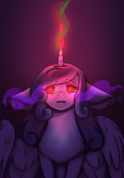 Size: 1640x2360 | Tagged: safe, artist:kaiponpon, derpibooru import, princess flurry heart, alicorn, pony, colored horn, corrupted, curved horn, dark magic, earpiece, ears, floppy ears, gradient background, horn, magic, open mouth, solo, sombra eyes, sombra horn, spread wings, wings