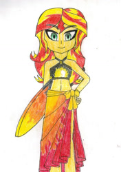 Size: 1062x1508 | Tagged: safe, artist:nathanamiel, derpibooru import, sunset shimmer, better together, equestria girls, bikini, clothes, eyebrows, eyebrows visible through hair, hand on hip, looking at you, sarong, summer, surfboard, swimsuit, traditional art