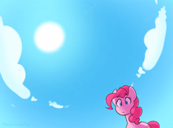 Size: 3072x2264 | Tagged: safe, artist:averysweatyboy, derpibooru import, part of a set, pinkie pie, earth pony, pony, cloud, comic, female, looking at you, mane, mare, sky, solo, sun, tail