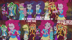 Size: 2000x1125 | Tagged: safe, derpibooru import, edit, edited screencap, editor:quoterific, screencap, applejack, fluttershy, pinkie pie, rainbow dash, rarity, sci-twi, sunset shimmer, twilight sparkle, better together, equestria girls, sunset's backstage pass!, humane five, humane seven, humane six