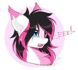 Size: 1024x912 | Tagged: safe, artist:lunylin, derpibooru import, oc, oc only, oc:lunylin, bat pony, pony, bust, cel shading, chest fluff, colored eartips, cute, ear fluff, ears, eeee, facial markings, fangs, female, heterochromia, mare, ocbetes, open mouth, shading, simple background, simple shading, slit eyes, solo, text, white background