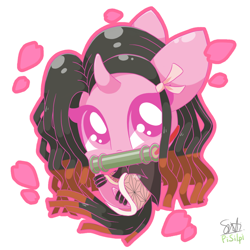 Size: 1250x1250 | Tagged: safe, artist:centanimals, derpibooru import, pony, unicorn, anime, bamboo, big ears, big eyes, bow, chibi, clothes, crossover, demon slayer, ears, hair bow, kimetsu no yaiba, kimono (clothing), long eyelashes, looking at you, nezuko kamado, ponified, signature, simple background, solo, species swap, white background