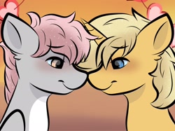 Size: 2048x1535 | Tagged: safe, artist:doodle-hooves, derpibooru import, oc, oc:cotton puff, oc:sunlight bolt, pegasus, pony, unicorn, boop, cel shading, cute, gradient background, lidded eyes, looking at each other, looking at someone, noseboop, shading, simple background, smiling