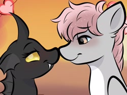 Size: 2048x1535 | Tagged: safe, artist:doodle-hooves, derpibooru import, oc, oc:cotton puff, oc:thunder, changeling, pegasus, pony, boop, cel shading, gradient background, lidded eyes, looking at each other, looking at someone, noseboop, shading, simple background, smiling, yellow changeling