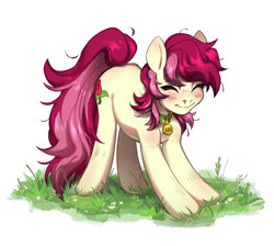 Size: 1850x1655 | Tagged: safe, artist:joowik, derpibooru import, roseluck, pony, behaving like a cat, collar, commission, commissioner:doom9454, cute, eyes closed, messy mane, pet tag, pony pet, rosepet, simple background, solo, stretching, white background