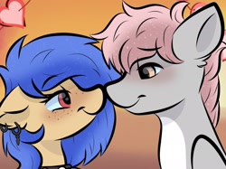 Size: 2048x1535 | Tagged: safe, derpibooru import, oc, oc:cotton puff, oc:lunar saintly, bat pony, pegasus, pony, boop, cel shading, cute, gradient background, lidded eyes, looking at each other, looking at someone, noseboop, shading, simple background, smiling