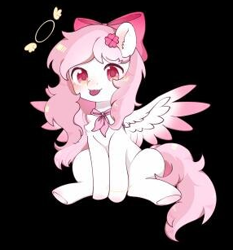 Size: 286x307 | Tagged: artist needed, safe, derpibooru import, oc, oc only, oc:bubble cloud, pegasus, pony, black background, bow, chest fluff, clothes, female, hair bow, hairpin, mare, scarf, simple background, sitting, solo, spread wings, wings