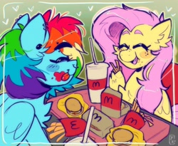 Size: 2048x1683 | Tagged: safe, artist:yumkandie, derpibooru import, fluttershy, rainbow dash, pegasus, pony, :p, :t, ^^, burger, chicken meat, chicken nugget, drinking straw, duo, ear piercing, earring, eating, eyebrows, eyes closed, female, flutterdash, food, french fries, heart, jewelry, ketchup, lesbian, mcdonald's, meat, nose piercing, piercing, raised eyebrow, sauce, shipping, smiling, tongue, tongue out