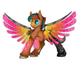 Size: 2800x2300 | Tagged: safe, artist:molars, derpibooru import, oc, cyborg, pegasus, pony, amputee, augmented, cybernetic eyes, cybernetic leg, cyberpunk, glowing, glowing wings, orange fur, prosthetic eye, prosthetics, simple background, transparent background, unshorn fetlocks, wings