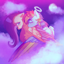 Size: 1280x1280 | Tagged: safe, artist:yumkandie, derpibooru import, fluttershy, rainbow dash, blushing, cloud, colored wings, crying, ear piercing, eyebrow piercing, eyes closed, female, flutterdash, halo, hug, lesbian, looking back, moon, multicolored wings, night, piercing, shipping, smiling, stars, winghug, wings