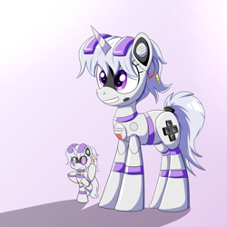 Size: 2000x2000 | Tagged: safe, artist:trackheadtherobopony, derpibooru import, oc, oc:sixteen-bits, pony, robot, robot pony, unicorn, bio in description, chibi, female, mare, self paradox, self ponidox