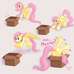 Size: 2160x2160 | Tagged: safe, artist:callichrome, derpibooru import, fluttershy, pegasus, pony, adorable distress, behaving like a cat, bell, bell collar, box, butt fluff, collar, cute, female, flutterbox, happy, if i fits i sits, jumping, missing cutie mark, pet, pet play, pony in a box, pounce, simple background, smiling, solo, spread wings, stuck, upside down, wings