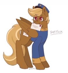 Size: 1080x1161 | Tagged: safe, artist:pink_stry, derpibooru import, pegasus, pony, clothes, female, folded wings, forced meme, hat, letter, mare, mouth hold, red eyes, shitfuck meme, signature, simple background, solo, swift reply, uniform, vulgar, white background, wings