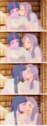 Size: 1080x2880 | Tagged: safe, artist:ecor土土, derpibooru import, rarity, twilight sparkle, human, blushing, book, bookshelf, clothes, dialogue, duo, duo female, eyes closed, female, kiss on the cheek, kiss on the lips, kissing, lesbian, library, rarilight, reading, shipping, smiling