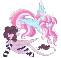 Size: 2300x2200 | Tagged: safe, artist:puppie, derpibooru import, oc, oc only, oc:raevyn, oc:sage comet, pegasus, pony, chest fluff, clothes, duo, flying, happy, leonine tail, looking at each other, looking at someone, simple background, smiling, smiling at each other, socks, striped socks, tail, transparent background