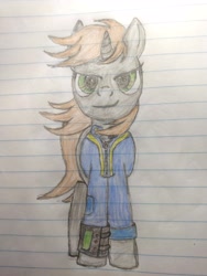 Size: 2448x3264 | Tagged: safe, artist:dust, derpibooru exclusive, derpibooru import, oc, oc:littlepip, pony, unicorn, fallout equestria, clothes, colored, colored pencil drawing, female, jumpsuit, lined paper, mare, pencil drawing, pipbuck, solo, traditional art, vault suit