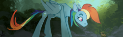 Size: 1764x532 | Tagged: safe, artist:megalura, derpibooru import, rainbow dash, frog, pegasus, pony, female, forest, looking at something, mare, solo