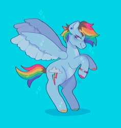 Size: 947x998 | Tagged: safe, artist:ariariari.png, derpibooru import, rainbow dash, pegasus, pony, alternate hairstyle, blue background, bracelet, colored hooves, ear piercing, female, jewelry, lesbian, lesbian pride flag, piercing, pride, pride flag, rearing, simple background, smiling, solo, spread wings, wings