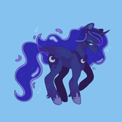 Size: 1440x1440 | Tagged: safe, artist:ariariari.png, derpibooru import, princess luna, alicorn, pony, blue background, concave belly, crown, eyeshadow, jewelry, makeup, necklace, regalia, simple background, solo, wavy mane