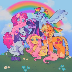 Size: 1440x1440 | Tagged: safe, artist:ariariari.png, derpibooru import, applejack, fluttershy, pinkie pie, rainbow dash, rarity, twilight sparkle, twilight sparkle (alicorn), alicorn, earth pony, pegasus, pony, unicorn, alternate design, alternate hairstyle, bracelet, braid, braided ponytail, braided tail, colored hooves, ear piercing, flower, flower in hair, food, glasses, grass, jewelry, leonine tail, mane six, piercing, ponytail, rainbow, spread wings, sprinkles, tail, unshorn fetlocks, wings