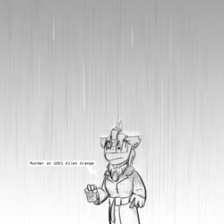 Size: 800x800 | Tagged: safe, artist:captainhoers, derpibooru import, oc, oc only, oc:silent spring, anthro, kirin, crossover, female, grayscale, kirin oc, monochrome, rain, shadows of doubt, solo, text, wet, wet mane