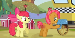 Size: 528x272 | Tagged: safe, derpibooru import, edit, edited screencap, screencap, apple bloom, babs seed, earth pony, pony, carriage, duo, female, filly, foal, spank mark, spanked, sweet apple acres, taxi