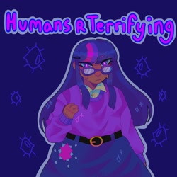 Size: 1440x1440 | Tagged: safe, artist:ariariari.png, derpibooru import, twilight sparkle, human, equestria girls, belt, clothes, dark skin, glasses, human coloration, redesign, skirt, solo, sweater, text