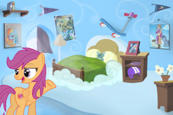 Size: 1280x853 | Tagged: safe, artist:redheadfly, derpibooru import, scootaloo, pony, bed, older, scooter, solo