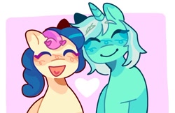 Size: 776x503 | Tagged: safe, artist:ariariari.png, derpibooru import, bon bon, lyra heartstrings, sweetie drops, earth pony, pony, unicorn, blushing, duo, female, heart, lesbian, lyrabon, shipping, smiling