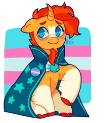 Size: 1151x1317 | Tagged: safe, artist:ariariari.png, derpibooru import, sunburst, pony, unicorn, blushing, chin fluff, colored hooves, male, mouthpiece, pride, pride flag, solo, trans male, transgender, transgender pride flag