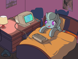 Size: 1600x1200 | Tagged: safe, artist:darkdoomer, derpibooru import, silver spoon, cat, earth pony, pony, bed, bedroom, computer, desk, energy weapon, female, filly, foal, glasses off, in bed, keyboard, lamp, looking at something, lying down, lying on bed, on bed, open mouth, open smile, pillow, plane, poster, ray gun, sleep tight, smiling, solo, under the covers, weapon
