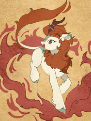 Size: 1620x2160 | Tagged: safe, artist:lendftcn, derpibooru import, autumn blaze, kirin, female, fire, head turn, looking at you, no pupils, open mouth, open smile, smiling, smiling at you, solo