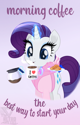 Size: 1150x1788 | Tagged: safe, artist:theretroart88, derpibooru import, rarity, pony, unicorn, bathrobe, blowing, bread, clothes, coffee, coffee mug, coffee pot, croissant, cute, diamond, female, food, looking down, magic, mare, movie accurate, mug, raribetes, robe, simple background, steam, telekinesis