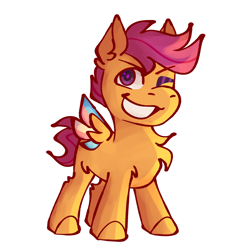 Size: 1600x1600 | Tagged: safe, artist:picturesofponies, derpibooru import, scootaloo, scooteroll, pegasus, pony, chest fluff, colored wings, colored wingtips, colt, foal, grin, leg fluff, looking at you, male, one eye closed, pride, pride flag, rule 63, simple background, smiling, solo, spread wings, trans male, transgender, transgender pride flag, white background, wings, wink